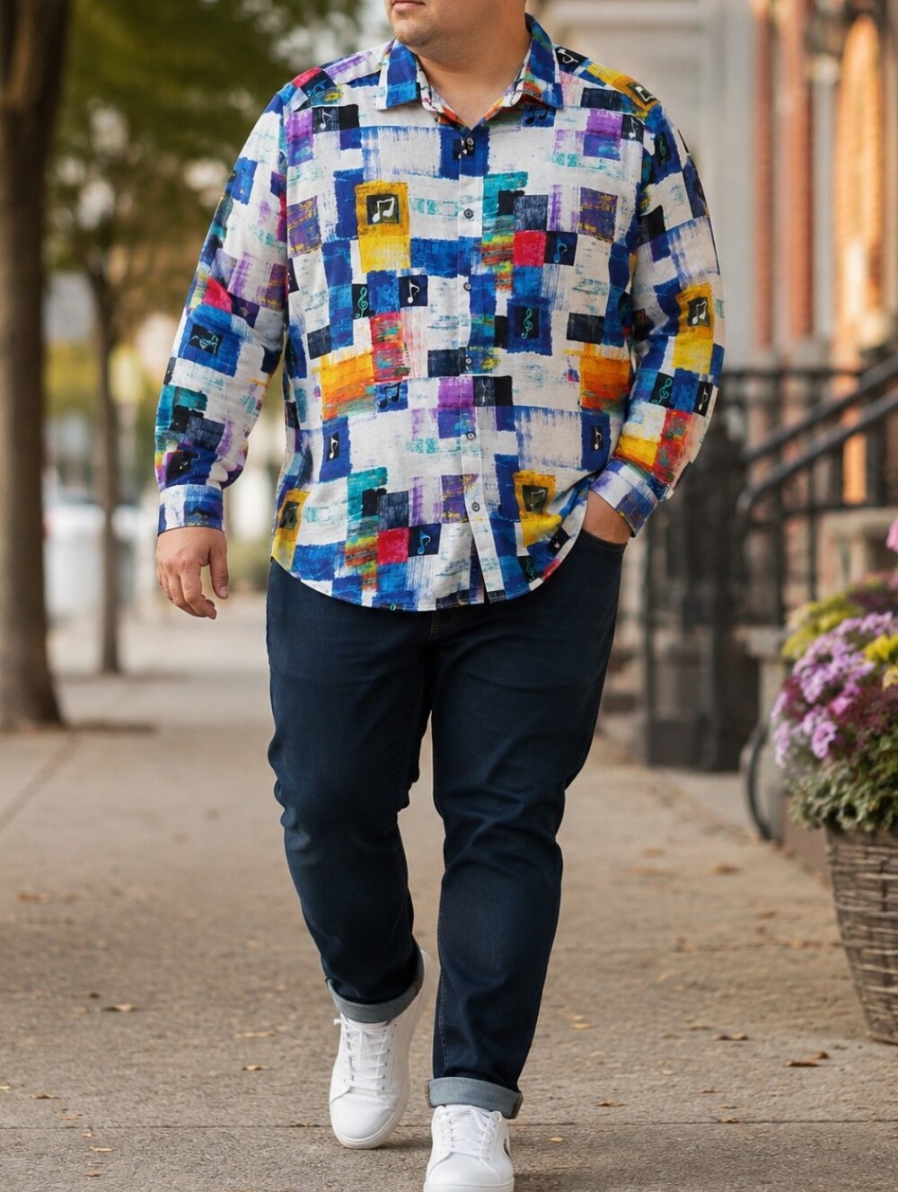 Robert Graham Plus Size Multicolor Patchwork Music Print Button Down Shirt